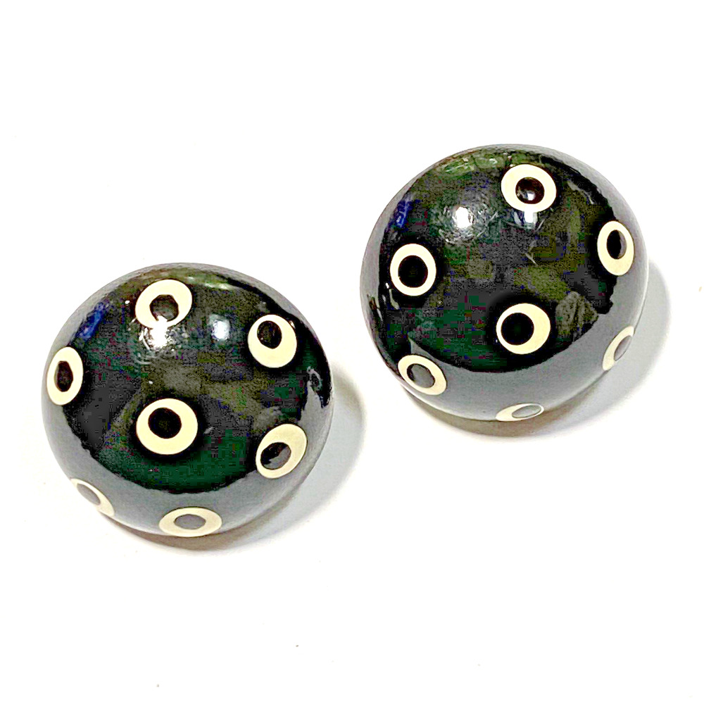 Vintage Pierced Earrings Round Black Domes Mod White Polka Dots 1980s Boss Lady